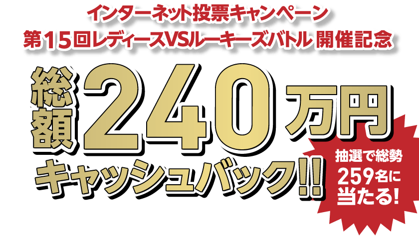 インターネット投票キャンペーン第15回レディースVSルーキーズバトル開催記念総額240万円キャッシュバック!