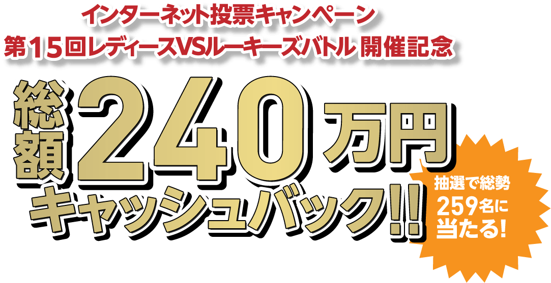 インターネット投票キャンペーン第15回レディースVSルーキーズバトル開催記念総額240万円キャッシュバック!